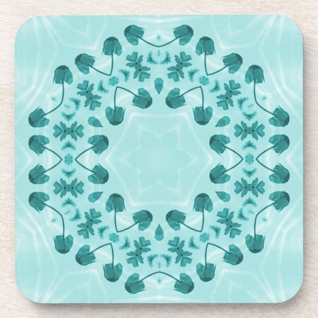 Floral Pattern, Teal Blue Beverage Coaster (Front)