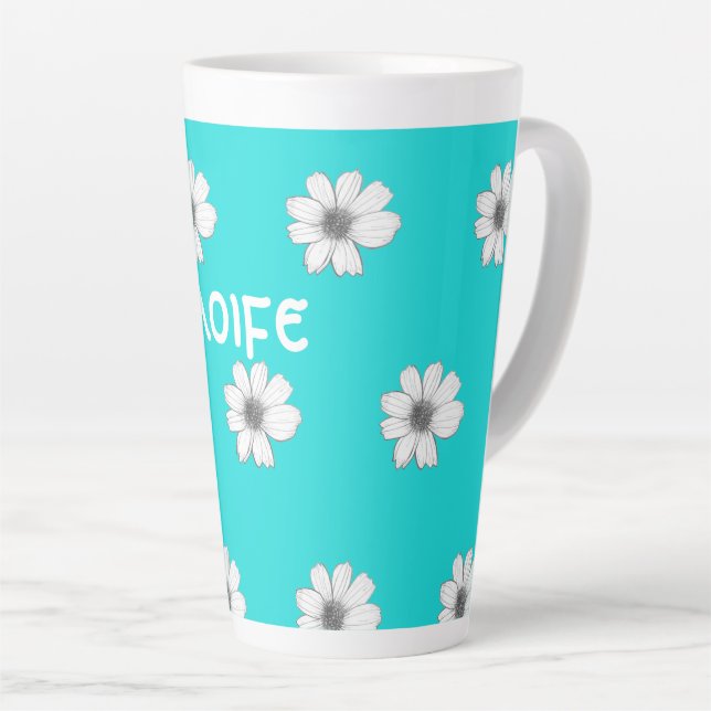 Floral pattern Teal Blue custom name Latte Mug (Right Angle)