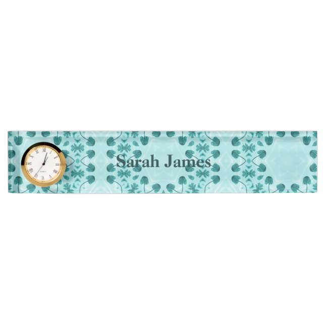 Floral Pattern, Teal Blue Desk Name Plate (Front)