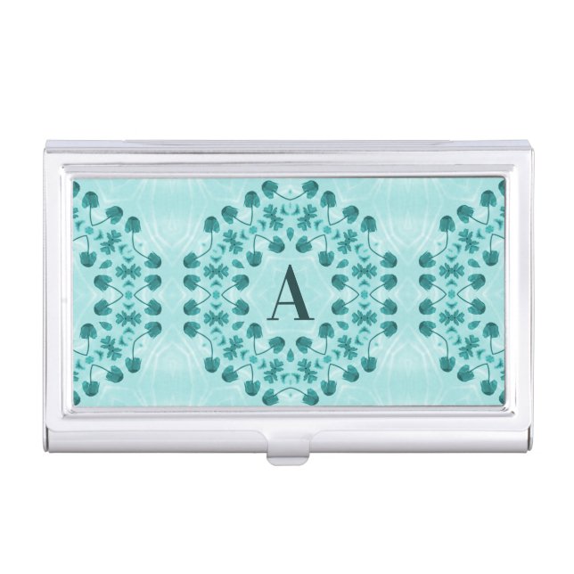 Floral Pattern, Teal Blue Initial Business Card Case (Front)