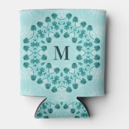 Floral Pattern, Teal Blue Initial Can Cooler