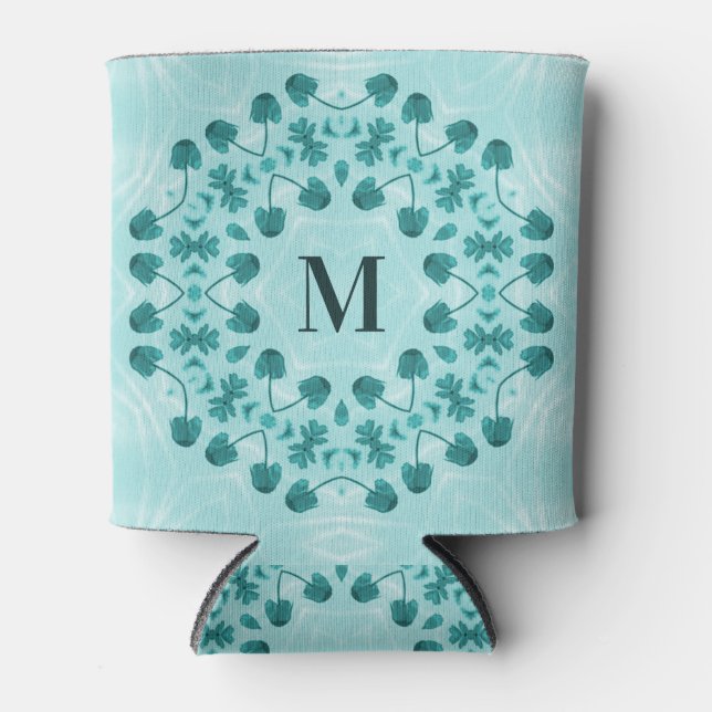 Floral Pattern, Teal Blue Initial Can Cooler (Front)