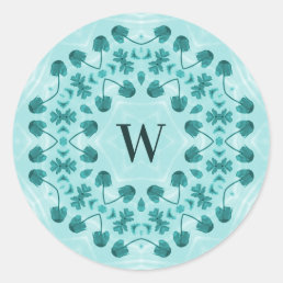 Floral Pattern, Teal Blue Initial Classic Round Sticker