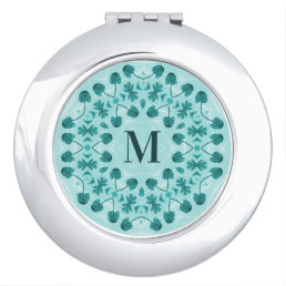 Floral Pattern, Teal Blue Initial Compact Mirror