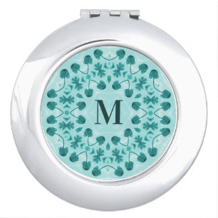Floral Pattern, Teal Blue Initial Compact Mirror