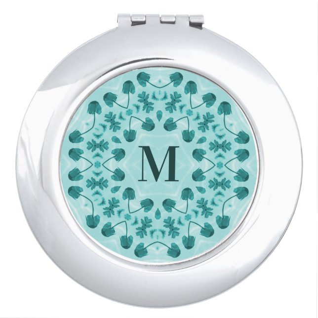 Floral Pattern, Teal Blue Initial Compact Mirror (Front)