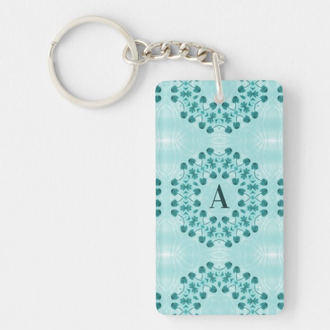 Floral Pattern, Teal Blue Initial Keychain (Front)