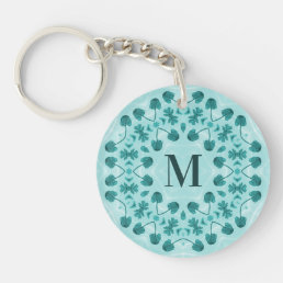 Floral Pattern, Teal Blue Initial Keychain