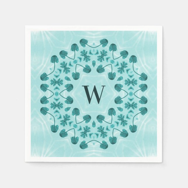 Floral Pattern, Teal Blue Initial Napkins (Front)