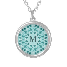 Floral Pattern, Teal Blue Initial Silver Plated Necklace