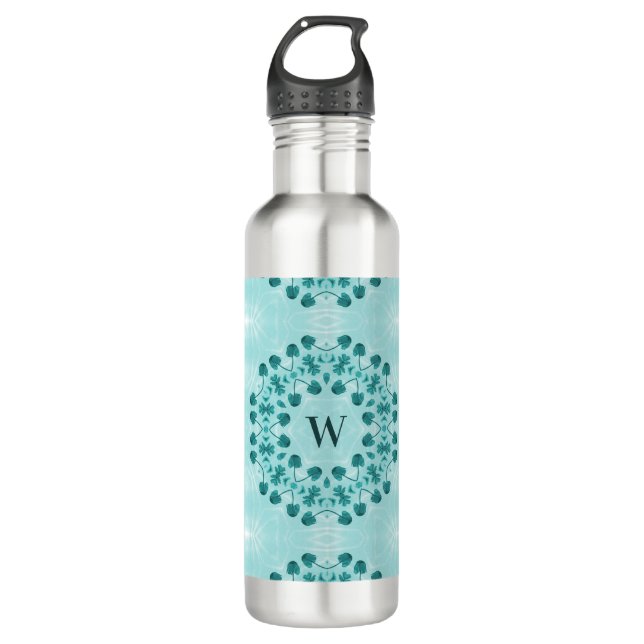 Floral Pattern, Teal Blue Initial Stainless Steel Water Bottle (Front)