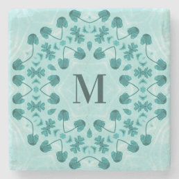 Floral Pattern, Teal Blue Initial Stone Coaster