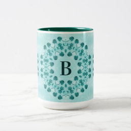 Floral Pattern, Teal Blue Initial Two-Tone Coffee Mug