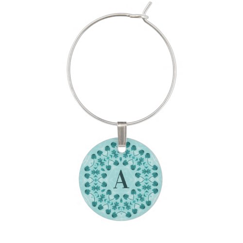 Floral Pattern Teal Blue Initial Wine Charm