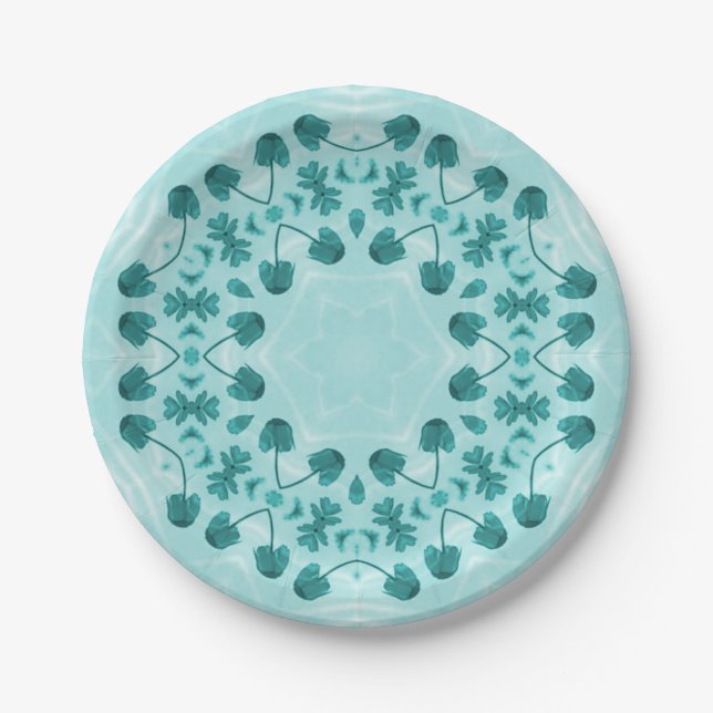 Floral Pattern, Teal Blue Paper Plates (Front)