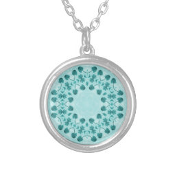 Floral Pattern, Teal Blue Silver Plated Necklace