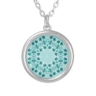 Floral Pattern, Teal Blue Silver Plated Necklace