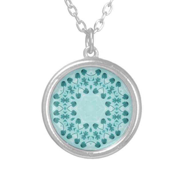 Floral Pattern, Teal Blue Silver Plated Necklace (Front)