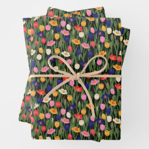 Floral Pattern Tulips Green Stalks Flowers  Wrapping Paper Sheets