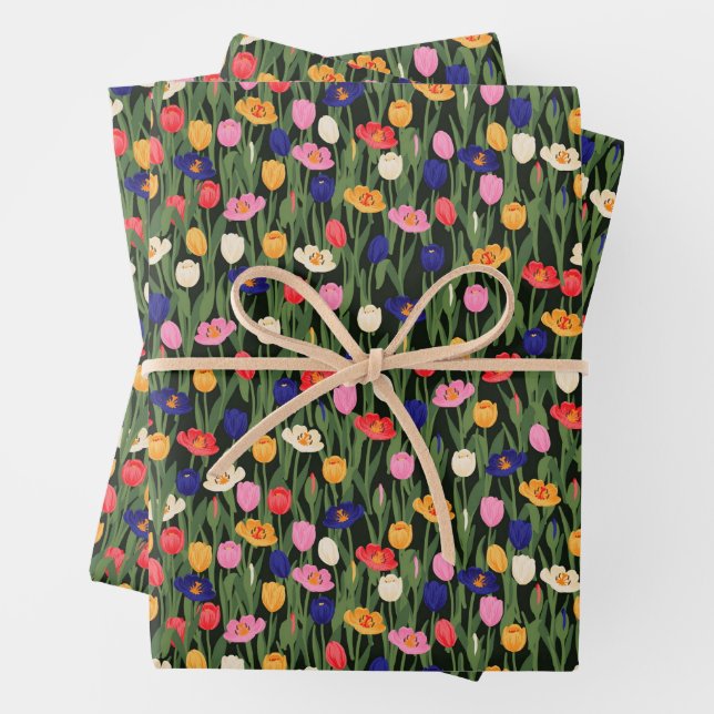 Floral Pattern Tulips Green Stalks Flowers  Wrapping Paper Sheets (In situ)