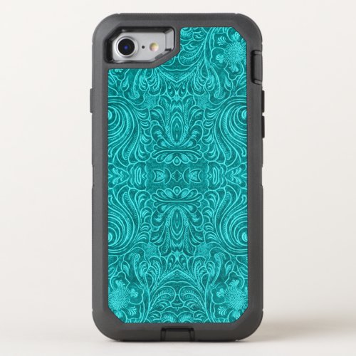 Floral Pattern Turquoise_Blu Suede Leather Texture OtterBox Defender iPhone SE87 Case