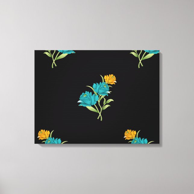 Floral Pattern Turquoise Coral Green on Black  Canvas Print (Front)