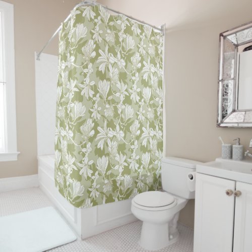 Floral Pattern White Flowers on Green Background   Shower Curtain