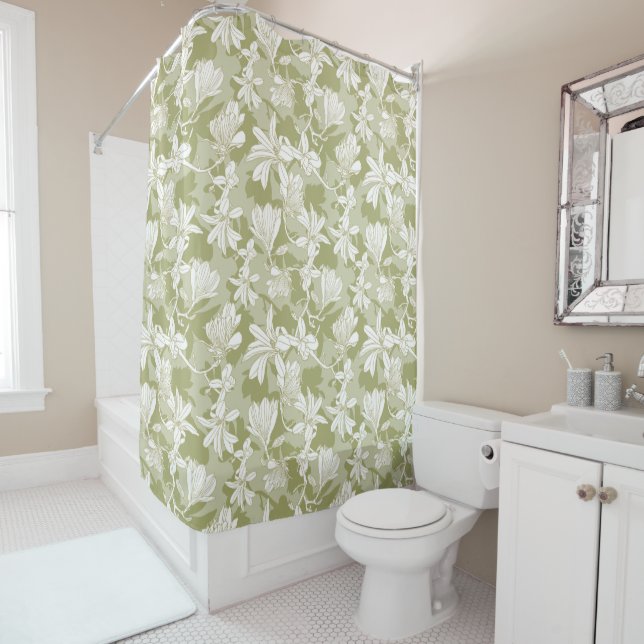 Floral Pattern White Flowers on Green Background   Shower Curtain (In Situ)