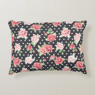 Floral Pattern White Polka Dot on Black Background Accent Pillow
