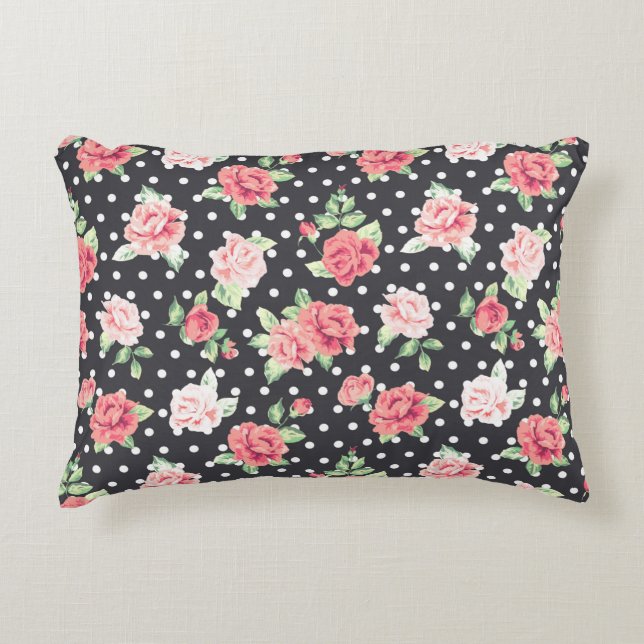 Floral Pattern White Polka Dot on Black Background Accent Pillow (Front)