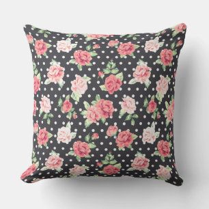 Floral Pattern White Polka Dot on Black Background Throw Pillow
