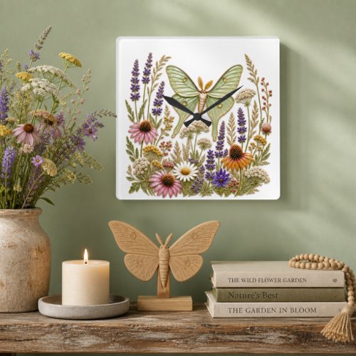Floral Pattern Wildflower Botanical Luna Moth  Square Wall Clock