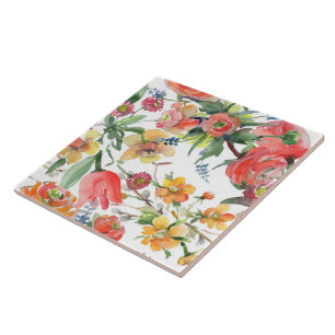 Floral Pattern Wildflowers Yellow Pink Green White Ceramic Tile