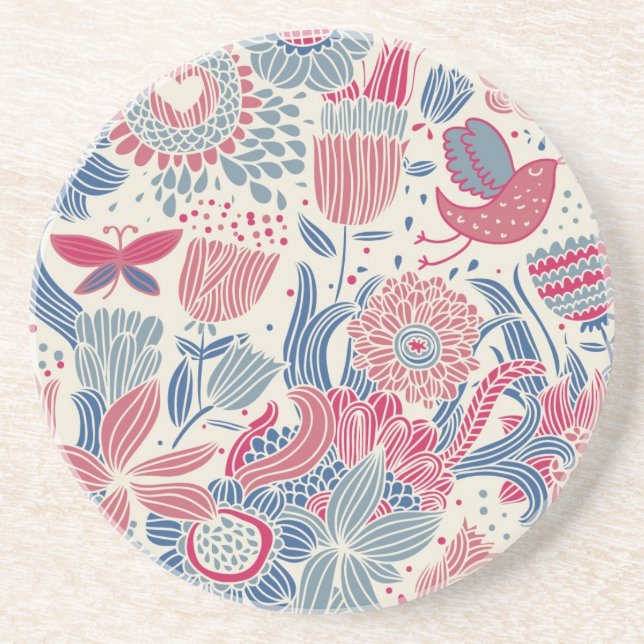 Floral pattern with bird and butterfly drink coaster (Front)