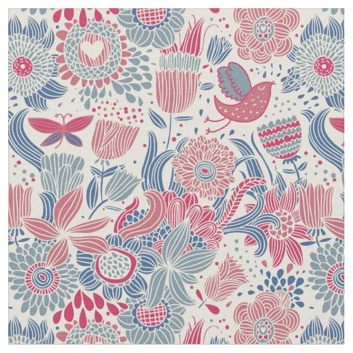 Floral pattern with bird and butterfly fabric