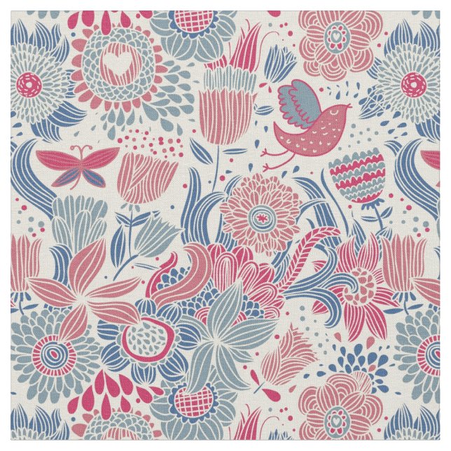 Floral pattern with bird and butterfly fabric (Close Up)