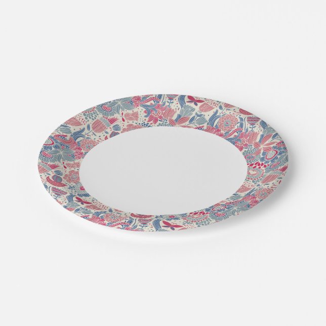 Floral pattern with bird and butterfly paper plates (Angled)