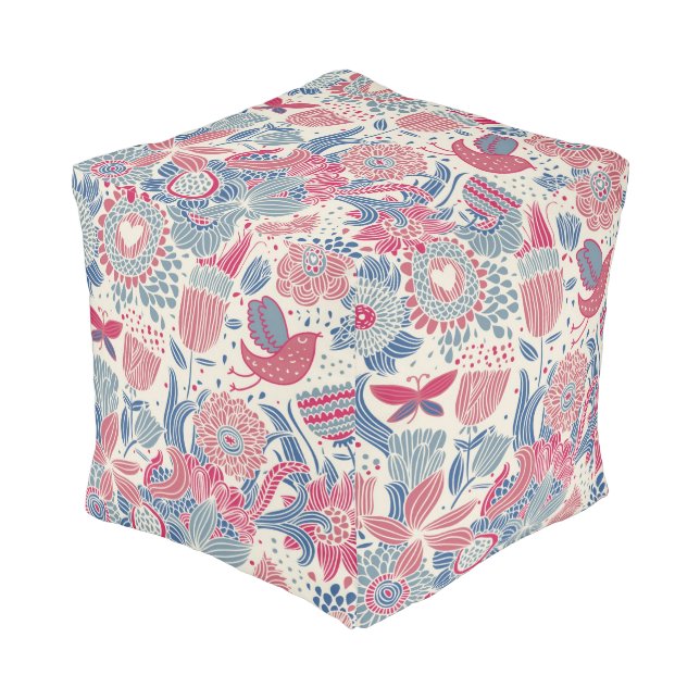 Floral pattern with bird and butterfly pouf (Angled Front)