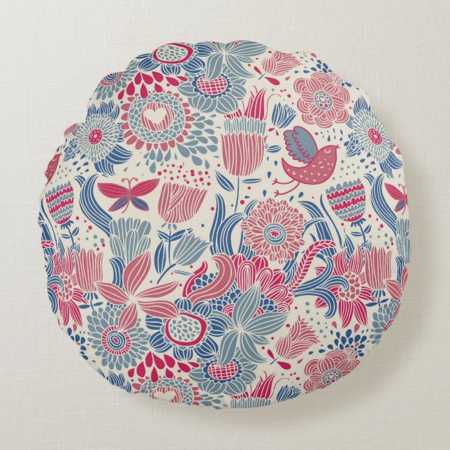 Floral pattern with bird and butterfly round pillow (Front)