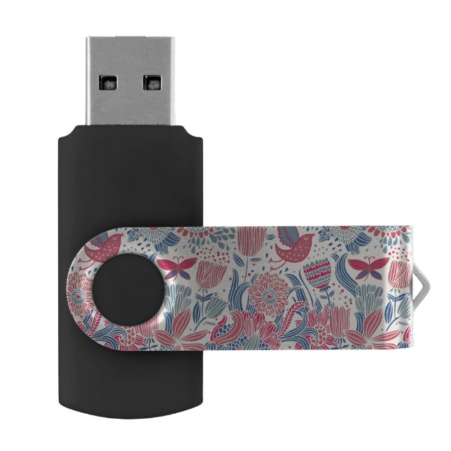 Floral pattern with bird and butterfly USB flash drive (Opened)
