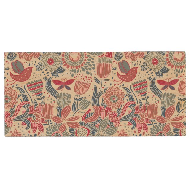 Floral pattern with bird and butterfly wood USB flash drive (Front)