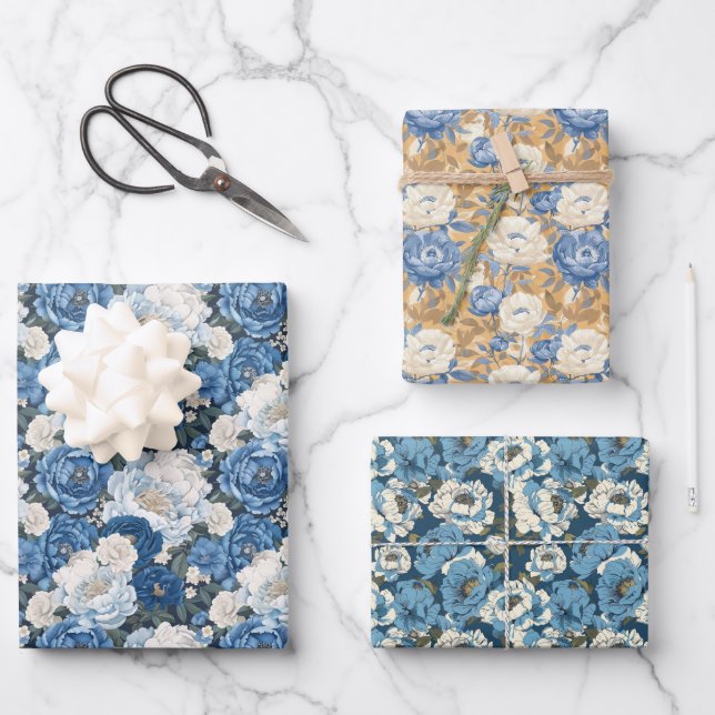 Floral Pattern with Blue Peonies and White Flowers Wrapping Paper Sheets (Front)