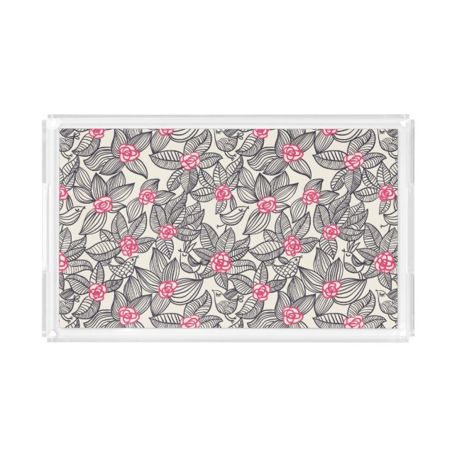 Floral pattern with cartoon birds 2 acrylic tray (Front)