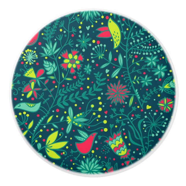 Floral pattern with cartoon birds 2 ceramic knob (Front)