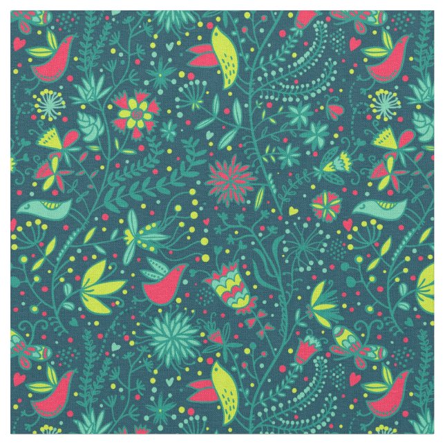 Floral pattern with cartoon birds 2 fabric (Close Up)