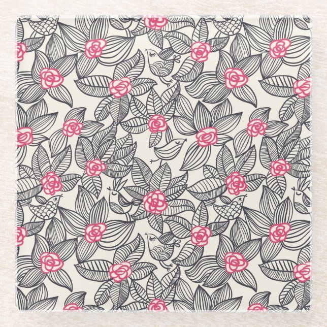 Floral pattern with cartoon birds 2 glass coaster (Front)
