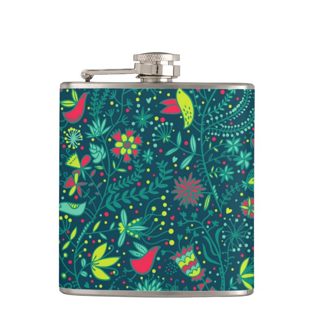 Floral pattern with cartoon birds 2 hip flask (Front)