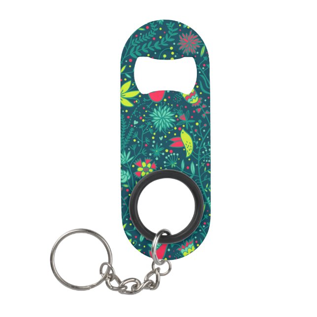 Floral pattern with cartoon birds 2 keychain bottle opener (Front)