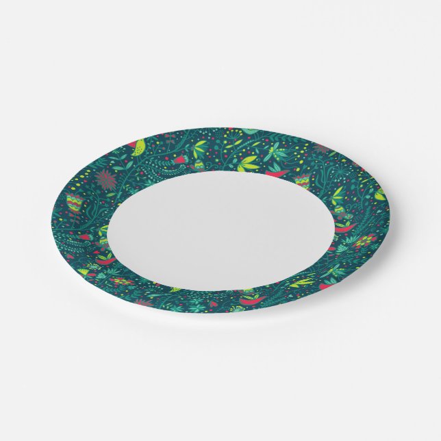 Floral pattern with cartoon birds 2 paper plates (Angled)