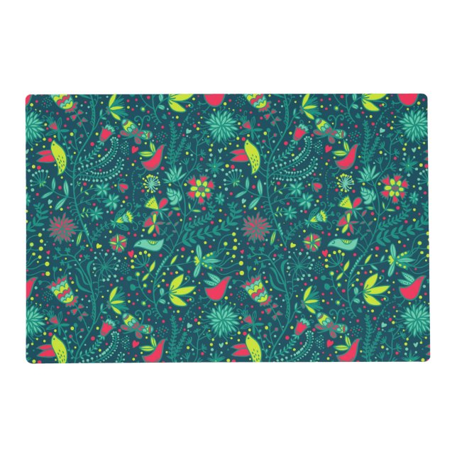 Floral pattern with cartoon birds 2 placemat (Front)